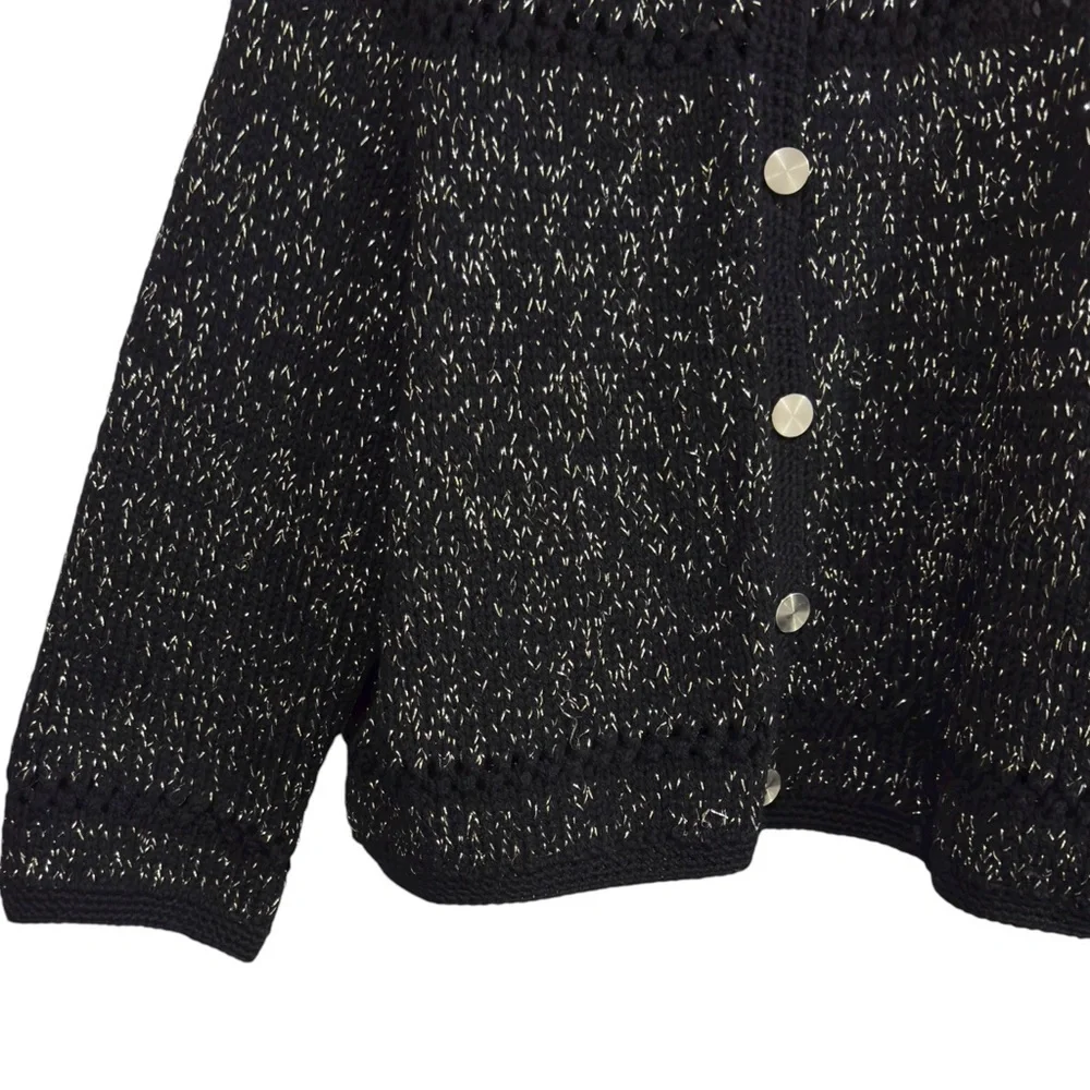 Vintage Black Metallic Knit Cardigan Sweater Button Front Long Sleeve - Picture 3 of 10
